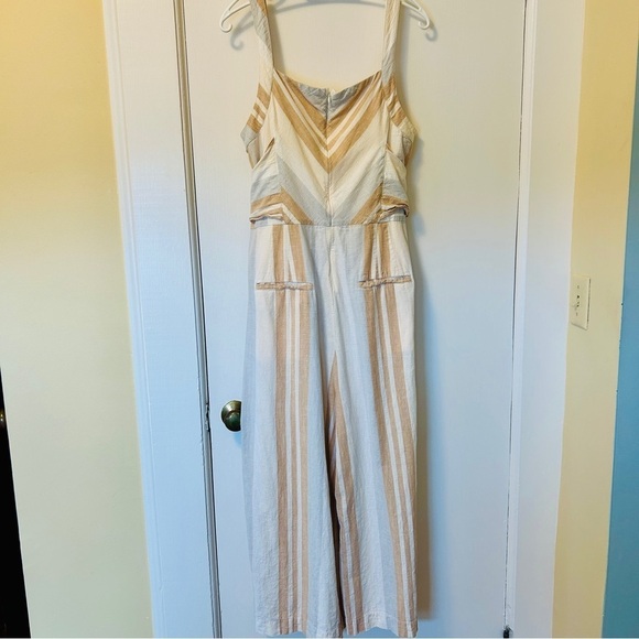 Anthropologie Savannah Jumpsuit Stripe Linen Tan White Neutral Wide Crop Leg 14 - Picture 7 of 16